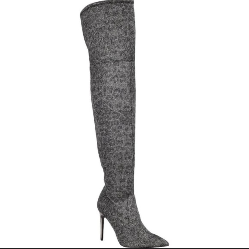 Guess Bonis metallic over-the-knee stiletto boots in silver-gray fabric Sz 8.5